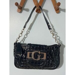 Y2K Guess Black Mini Shoulder Bag VGUC Silver Hrdwr Patent Lthr Croc Emboss VGUC